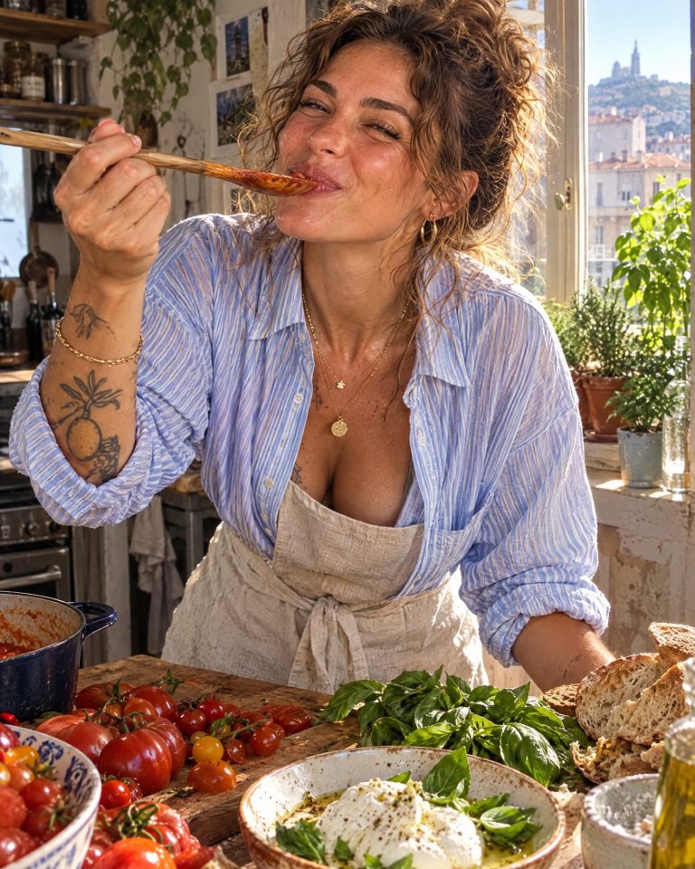 Salomé, égérie virtuelle culinaire, dans sa cuisine marseillaise (image créée par IA)